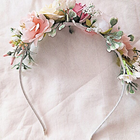 Pink Flower Crown White Garland Floral Hair Accessory Renfaire Cosplay Coquette - Picture 3 of 4
